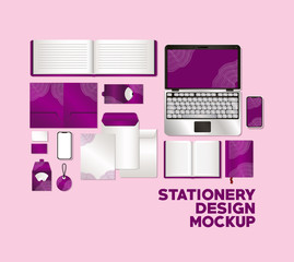 laptop and mockup set with purple branding of corporate identity and stationery design theme Vector illustration © Grgroup