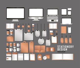 technology and mockup set on gray background of corporate identity and stationery design theme Vector illustration © Grgroup