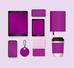 tablet and mockup set with purple branding of corporate identity and stationery design theme Vector illustration © Grgroup