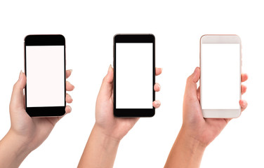 Hand holding different mobile phone on white background.