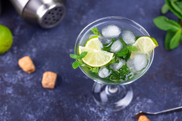Martini cocktail with lime and mint.