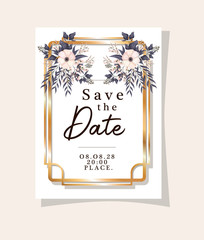 Wedding invitation with gold frame flowers and leaves design, Save the date and engagement theme Vector illustration