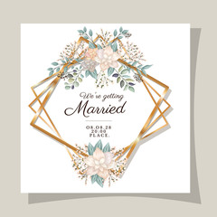 Fototapeta na wymiar Wedding invitation with gold frame flowers and leaves design, Save the date and engagement theme Vector illustration