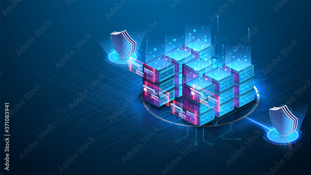 Wall mural server room isometric, cloud storage data, data center, big data processing and computing technology