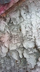 Old weathered paint, which is brittle and detaches from rusty metal