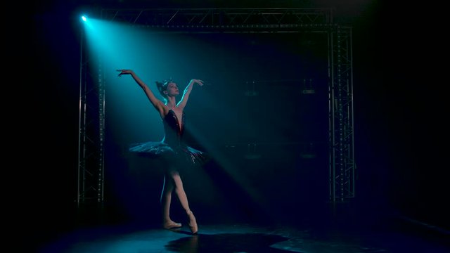 Graceful ballerina in a chic image of a black swan. Classical ballet choreography. Shot in a dark studio with smoke and neon lighting. Slow motion.
