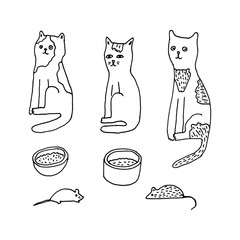 Sketch coloring book set of cats with bowls for food.