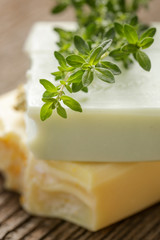 Oregano lemon scented handmade soap bars, close up. Homemade toxic-free natural organic cosmetic 