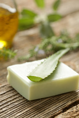 Aloe vera handmade soap bar, close up. Homemade toxic-free natural organic cosmetic.