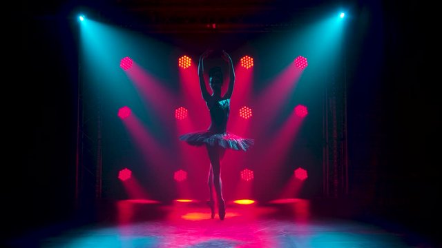 Silhouette of a graceful ballerina in a chic image of a black swan. Dancing of elements classical ballet. Shot in a dark studio with smoke and red neon lighting. Slow motion.