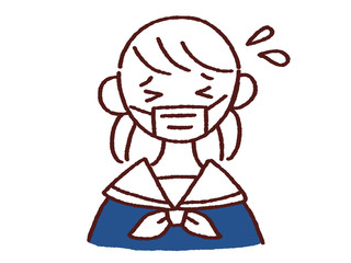 目を閉じて困った顔をするマスク姿の女の子