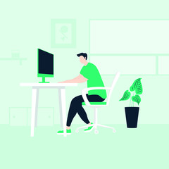 Businessman working on laptop, Freelancer working at home, Young man sitting working at desk