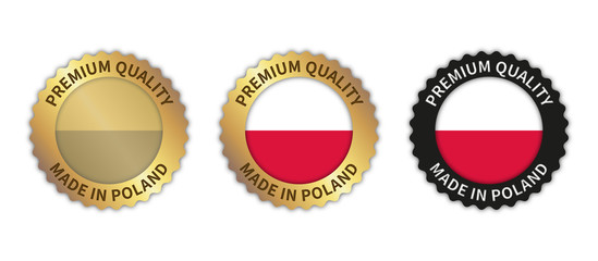 Set of 3 "Made in Poland" vector icons. Illustration with transparent background. Country flag encircled with gold/black stamp. Sticker/logo for product/website.