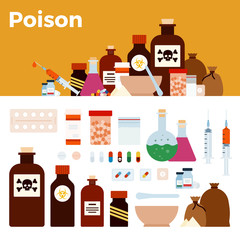 Medical jars, test tubes with dangerous poisonous substance, poison vector flat icon isolated
