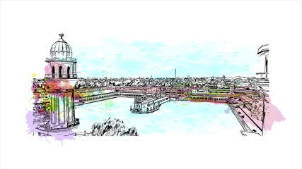 Building view with landmark of Amritsar is a city in the northwestern Indian state of Punjab. Watercolor splash with hand drawn sketch illustration in vector.