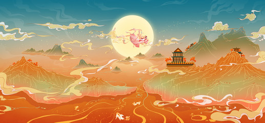 Oriental landscape painting. Beautiful oriental fairy flying in the sky.Mid-autumn festival illustration.Chang'e is flying to the moon.