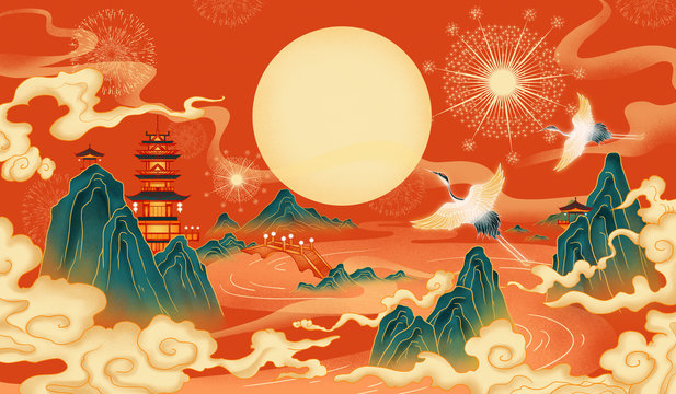 Red festive architectural landscape painting national tide illustration.An illustration that implies celebrations and warm festivals.