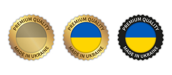 Set of 3 "Made in Ukraine" vector icons. Illustration with transparent background. Country flag encircled with gold/black stamp. Sticker/logo for product/website.
