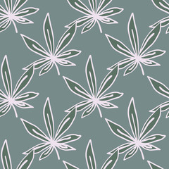White contoured marijuana leaves seamless pattern. Blue background. Simple drug backdrop.