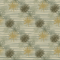 Pale ocean seamless pattern with sea urchin silhouettes. Abstract shapes in brown and grey tones on stripped background.