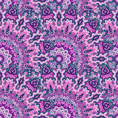 Kaleidoscope floral seamless ornament. Hindu folk vector graphic design. Tangle lollapalooza mandala geometric seamless pattern. Interior decoration print.