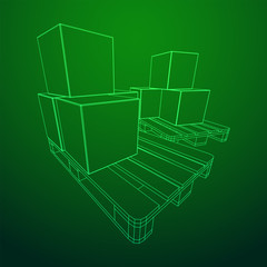 Cargo pallet for warehouse with stacked goods cardboard boxes. Logistics shipping concept. Wireframe low poly mesh vector illustration.