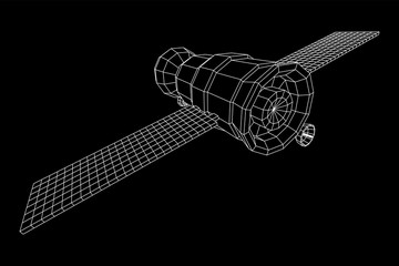 Space station communications satellite. Wireframe low poly mesh vector illustration.