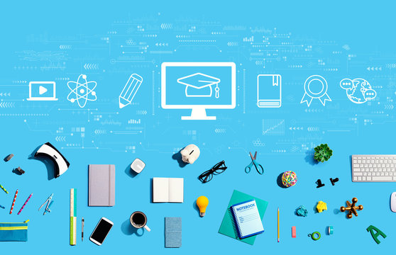 E-learning concept with collection of electronic gadgets and office supplies
