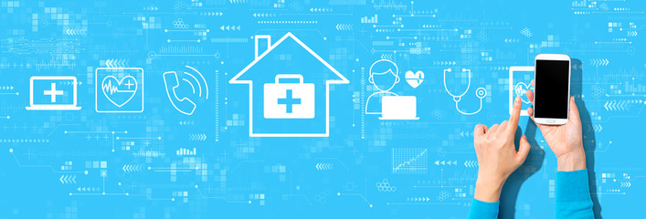 Telehealth theme with person using a smartphone on a blue background