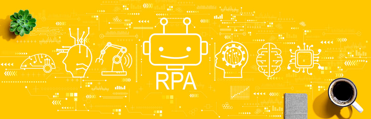 Robotic Process Automation RPA theme with a cup of coffee and a notebook