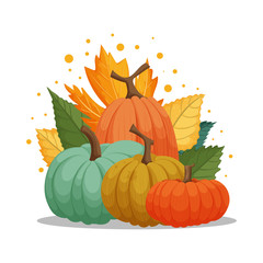 Autumn composition with pumpkins and leaves isolated on white background. Decoration for greeting card, postcard, poster, banner, print. Vector illustration.