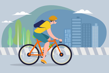 Illustration of a young man rides a bicycle in city