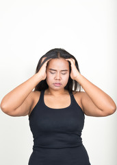 Portrait of young overweight Asian woman against white background