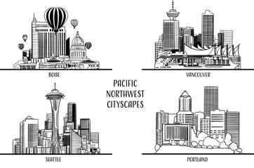 Obraz premium Hand drawn pacific northwest cityscapes in black and white