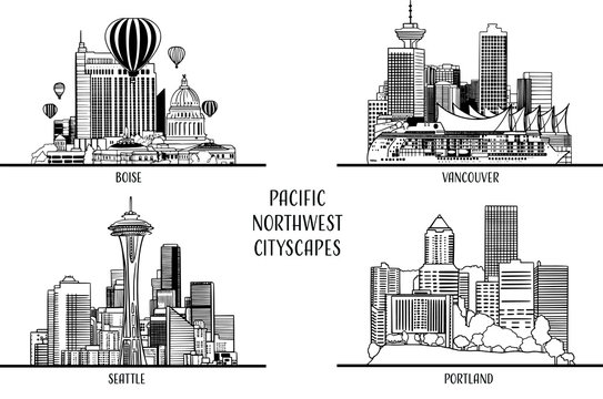 Hand Drawn Pacific Northwest Cityscapes In Black And White