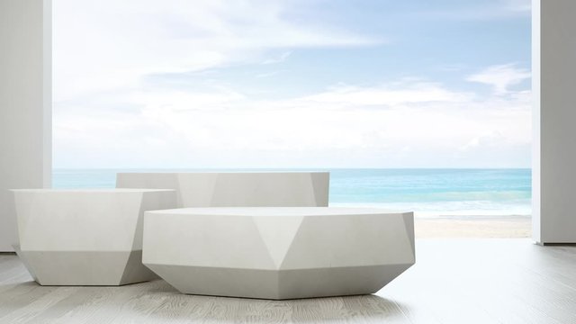 Sea view living room of luxury summer beach house. Empty white podiums for product display in studio or showroom. Hotel interior 3d illustration.