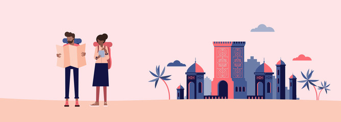 Obraz premium A traveler looking at the map Travel concept. vector illustration.