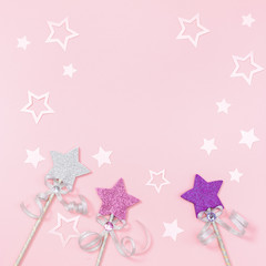 Bright stars and paper festive decor. Сoncept of children girl birthday party.