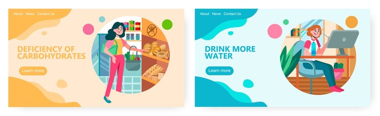 Woman buy bread in grocery store. Girl works in home office and drinks water. Concept illustration. Vector web site design template