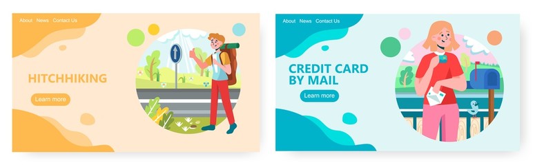 Man travels by hitchhiking on a road. Woman received credit card from bank by mail post. Concept illustration. Vector web site design template