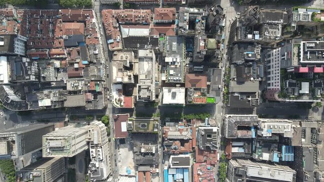 Aerial view of Shanghai traditional architecture and cityscape drone directly above map view. Shanghai Huangpu downtown district traditional architecture. City travel tourism concept of China