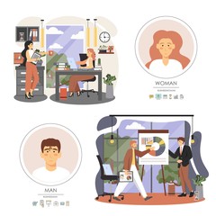 Office situations, business people meeting, presentation, coffee break, vector flat illustration