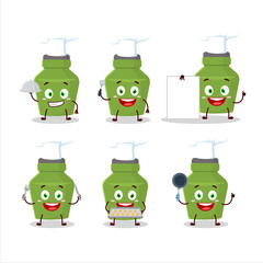 Cartoon character of green drink bottle with various chef emoticons