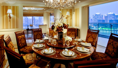 Luxury dining room interior with night view
