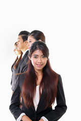 South East Asian young Malay Chinese Indian man woman wearing formal business office ware on white background look at camera row of side profile behind