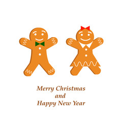 Postcard template with gingerbread men and text. Vector illustration on a white background. For decoration, postcards, shops, gifts. 