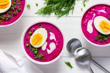 Cold summer soup from fresh young beetroot and cucumbers with kefir with egg