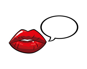 female and red pop art mouth with bubble vector design
