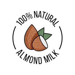 Almond milk. Vector flat illustration. Almond nuts with green leaves on splashing milky drink.