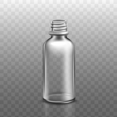 Realistic empty glass bottle for cosmetic product without roll up lid